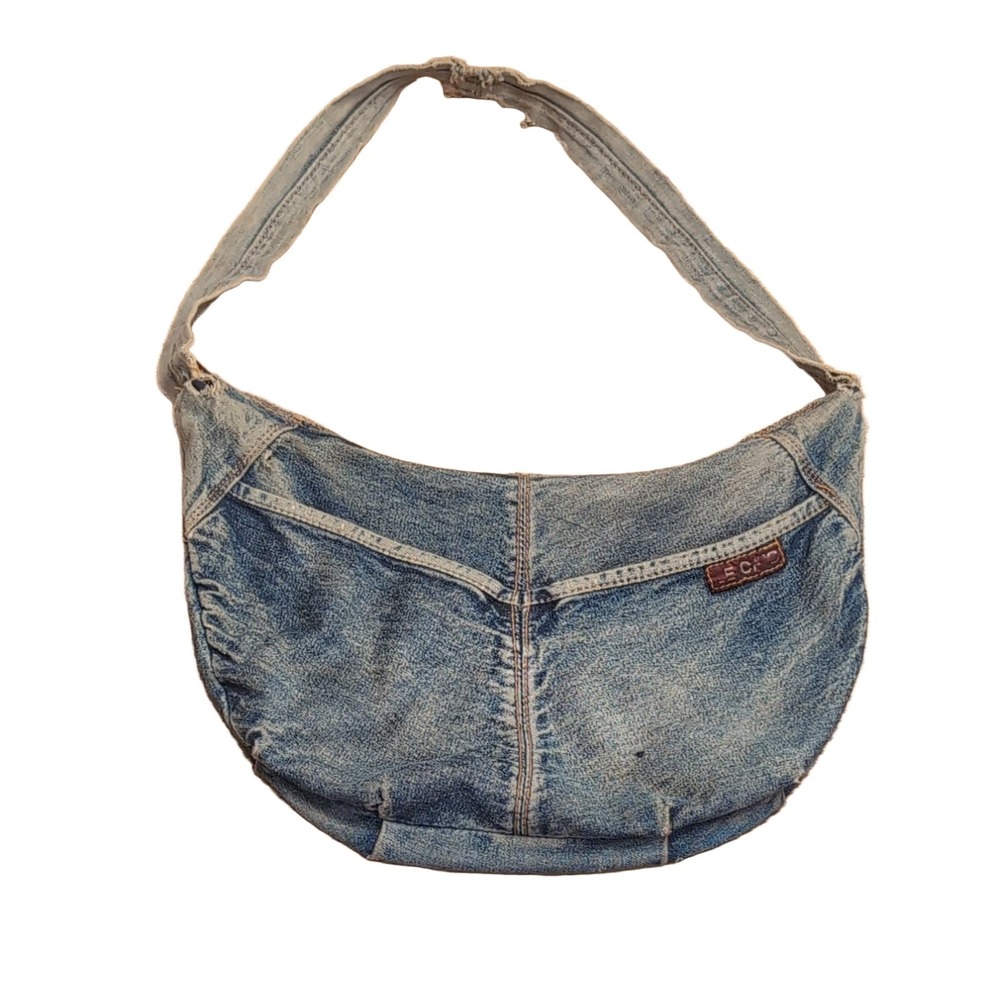 Vintage Denim Crescent Shoulder Bag Purse Blue Women's Handbag Distressed